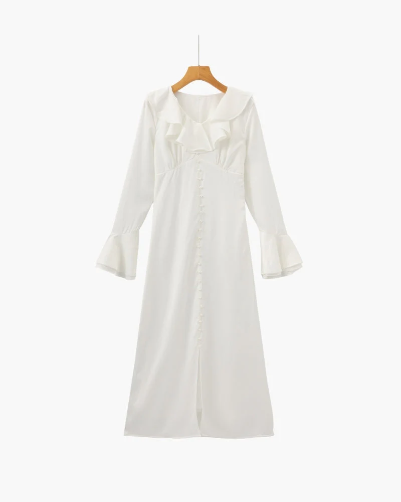 Pearl Button Ruffle Midi Dress